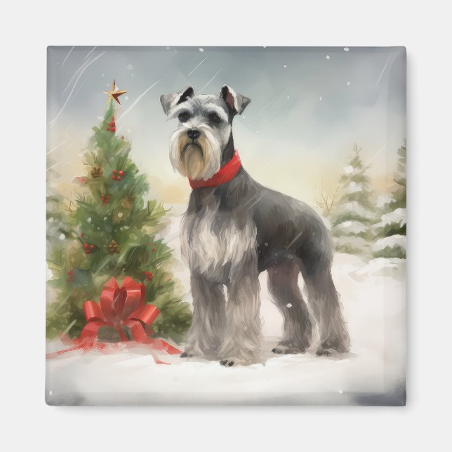 Schnauzer Dog in Snow Christmas Magnet (Front)