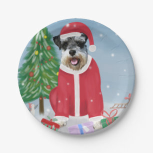 Schnauzer Dog in Snow Christmas Paper Plate