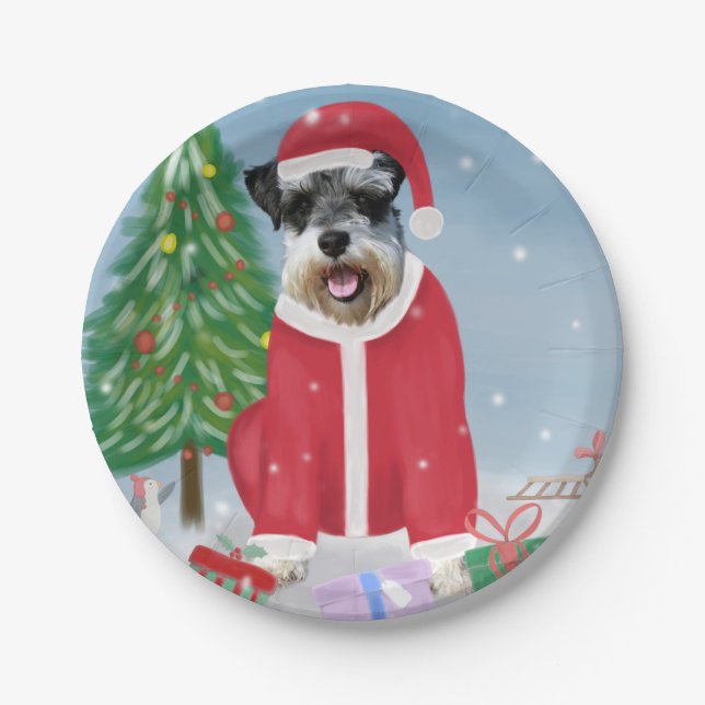 Schnauzer Dog in Snow Christmas  Paper Plate (Front)