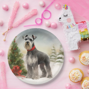 Schnauzer Dog in Snow Christmas Paper Plate