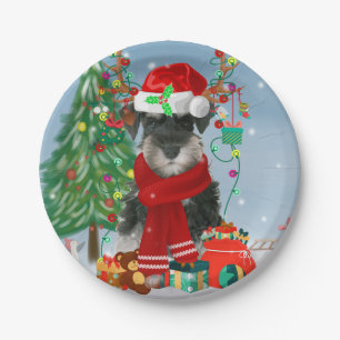 Schnauzer Dog in Snow Christmas Paper Plate