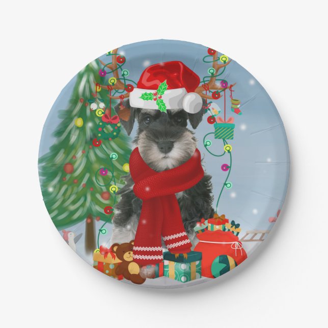 Schnauzer Dog in Snow Christmas  Paper Plate (Front)