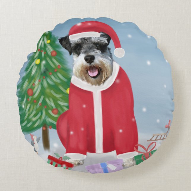 Schnauzer Dog in Snow Christmas Round Cushion (Front)