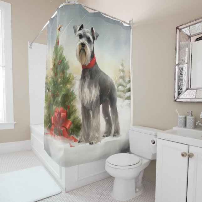 Schnauzer Dog in Snow Christmas Shower Curtain (In Situ)