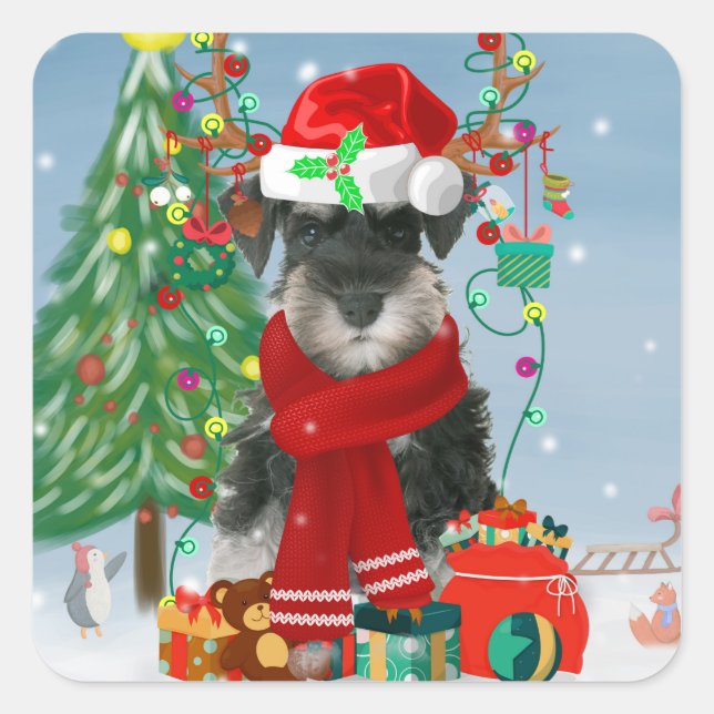 Schnauzer Dog in Snow Christmas  Square Sticker (Front)