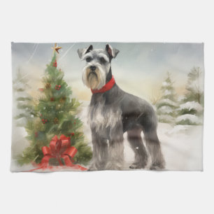 Schnauzer Dog in Snow Christmas Tea Towel