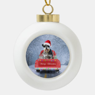 Schnauzer Dog in Snow sitting in Christmas Truck Ceramic Ball Christmas Ornament