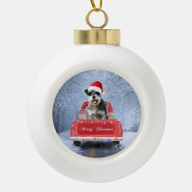  Schnauzer Dog in Snow sitting in Christmas Truck  Ceramic Ball Christmas Ornament (Front)