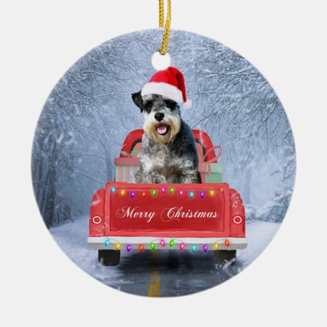  Schnauzer Dog in Snow sitting in Christmas Truck  Ceramic Tree Decoration (Front)