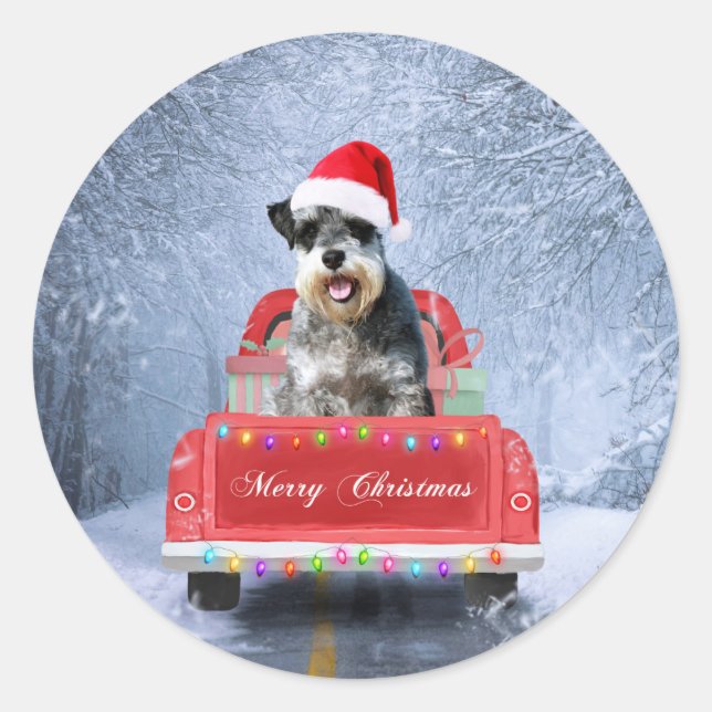  Schnauzer Dog in Snow sitting in Christmas Truck Classic Round Sticker (Front)