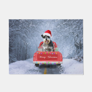  Schnauzer Dog in Snow sitting in Christmas Truck  Doormat