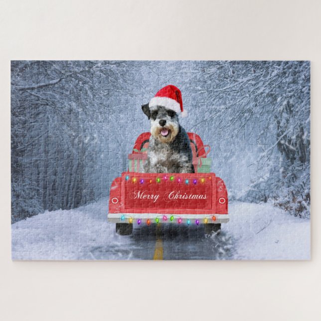  Schnauzer Dog in Snow sitting in Christmas Truck  Jigsaw Puzzle (Horizontal)