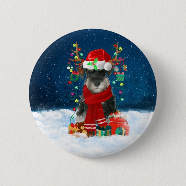 Schnauzer Dog in Snow with Christmas Gifts  6 Cm Round Badge (Front)