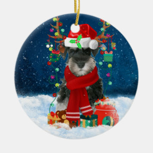 Schnauzer Dog in Snow with Christmas Gifts Ceramic Tree Decoration
