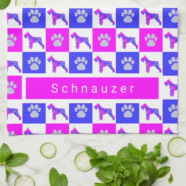 Schnauzer Dog & Paw Hot Pink & Blue Tea Towel (Folded)
