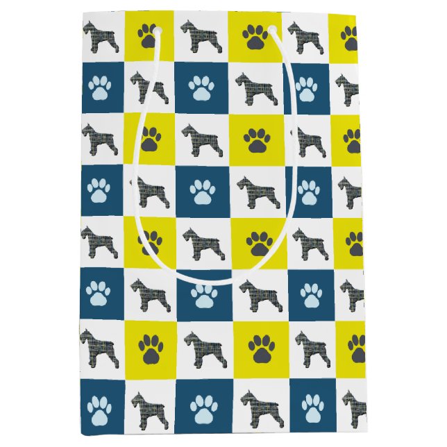 Schnauzer Dog & Paw Print Yellow Grid Silhouette Medium Gift Bag (Front)