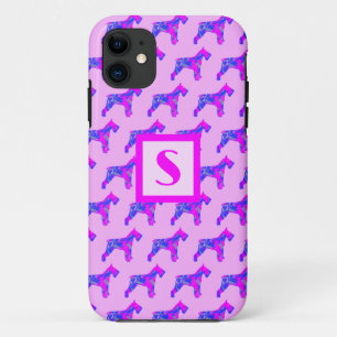 Schnauzer Dog Pink & Blue Silhouette Monogram iPhone 11 Case