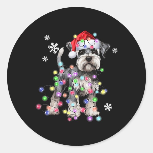 Schnauzer Dog Reindeer Christmas Lights Ugly Xmas  Classic Round Sticker (Front)