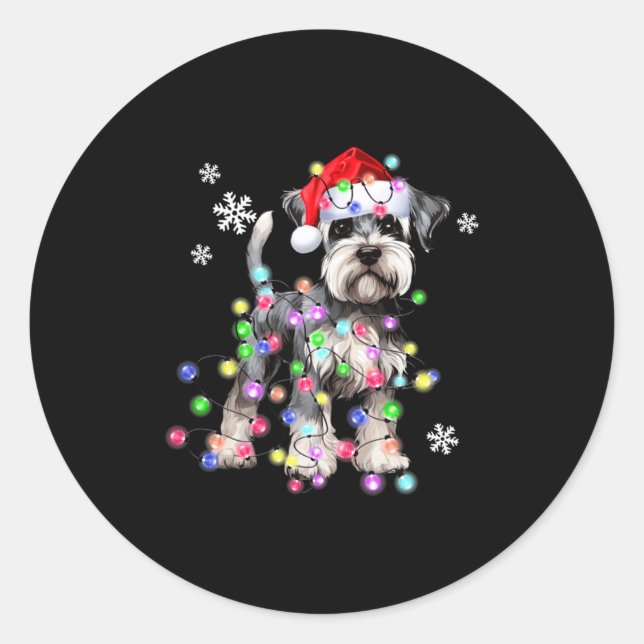 Schnauzer Dog Reindeer Christmas Lights Ugly Xmas  Classic Round Sticker (Front)