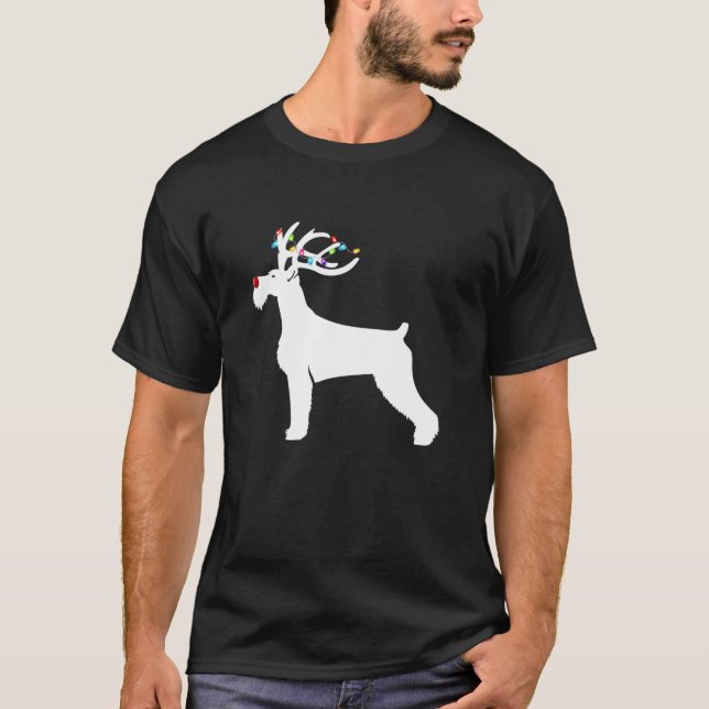 Schnauzer Dog Reindeer Lights Plaid Santa Hat Chri T-Shirt (Front)