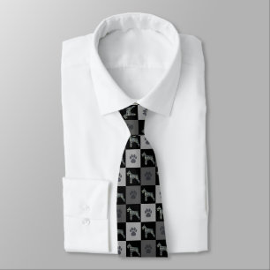 Schnauzer Dog Silhouette Black Grey Paw Squares Tie
