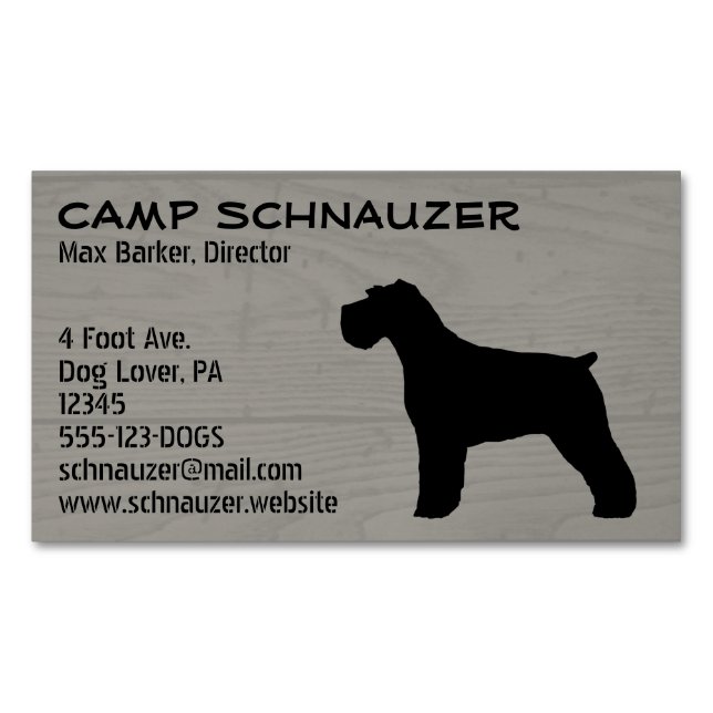 Schnauzer Dog Silhouette (Natural Ears) Faux Wood Magnetic Business Card (Front)