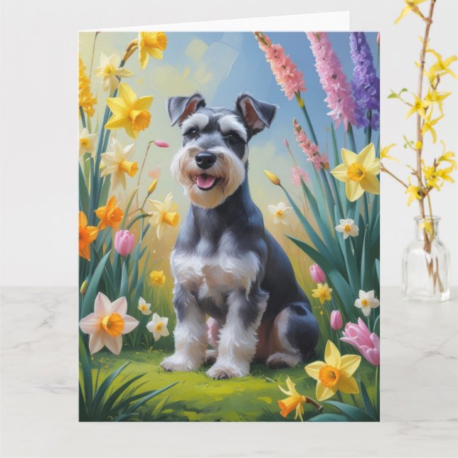 Schnauzer Dog Spring Flowers Painting  Card (Yellow Flower)