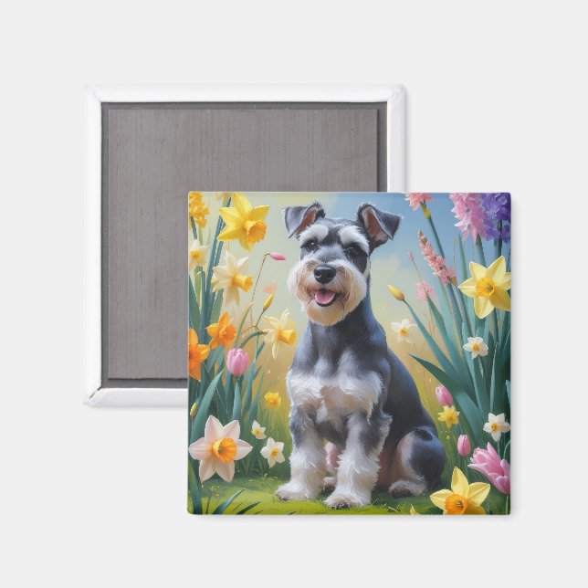 Schnauzer Dog Spring Flowers Painting  Magnet (Front/Back)