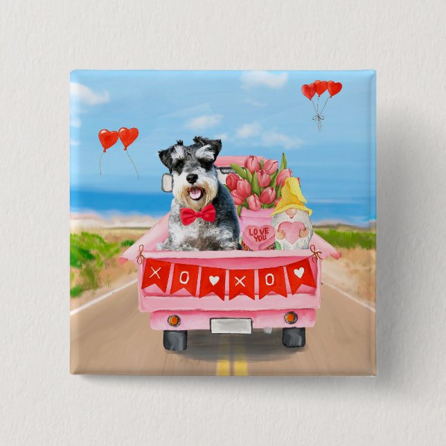 Schnauzer Dog Valentine's Day Truck Hearts 15 Cm Square Badge (Front)