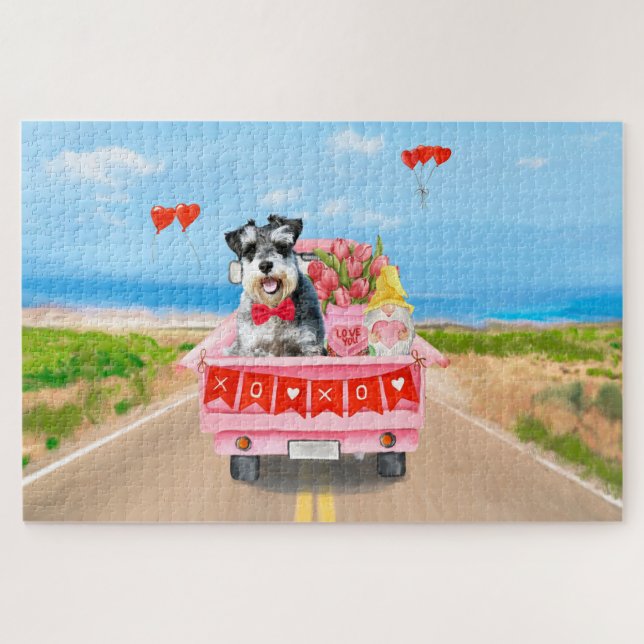 Schnauzer Dog Valentine's Day Truck Hearts Jigsaw Puzzle (Horizontal)