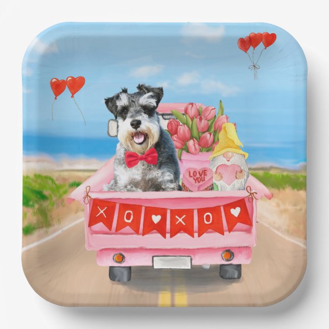 Schnauzer Dog Valentine's Day Truck Hearts Paper Plate (Front)