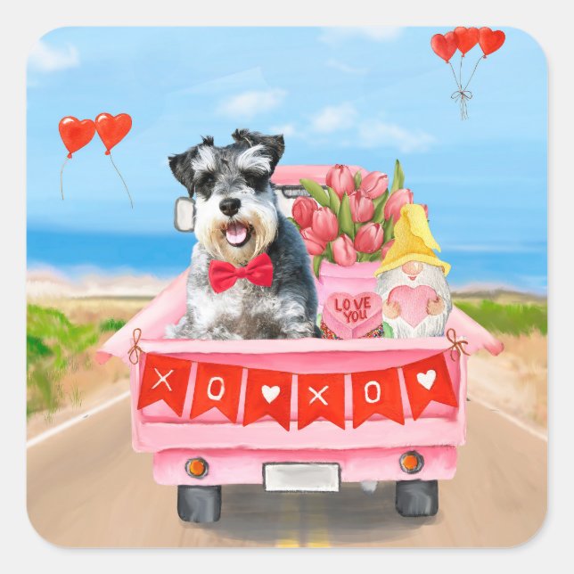 Schnauzer Dog Valentine's Day Truck Hearts Square Sticker (Front)