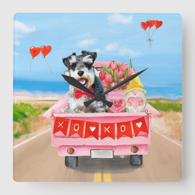 Schnauzer Dog Valentine's Day Truck Hearts Square Wall Clock (Front)