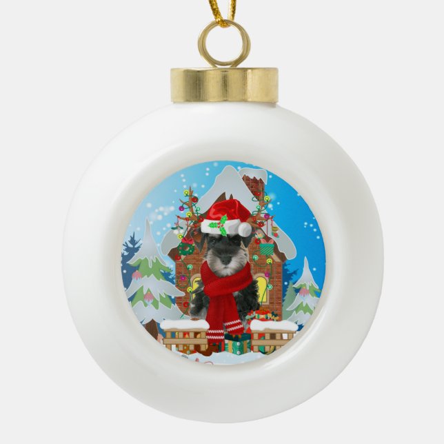 Schnauzer dog with Christmas gifts Ceramic Ball Christmas Ornament (Front)
