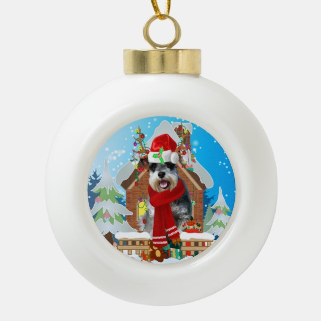 Schnauzer dog with Christmas gifts Ceramic Ball Christmas Ornament (Front)