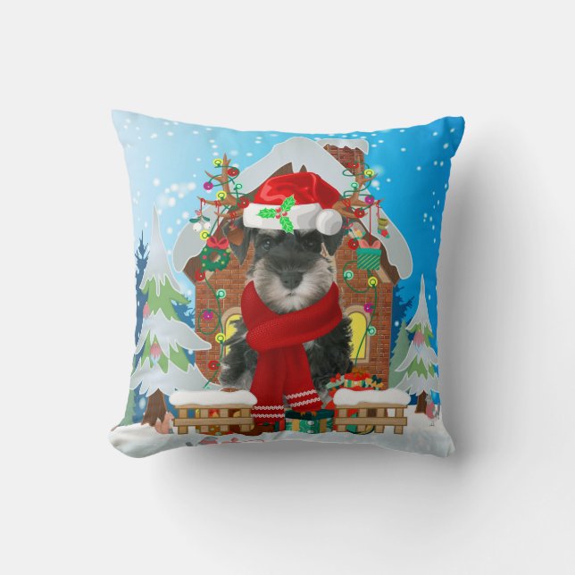 Schnauzer dog with Christmas gifts Cushion (Front)
