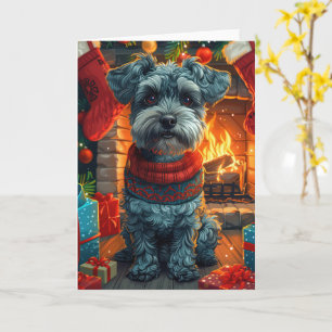 Schnauzer Dog With Christmas Gifts Fireplace Card