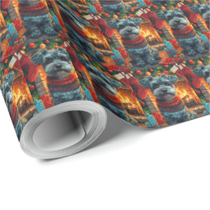 Schnauzer Dog With Christmas Gifts Fireplace Wrapping Paper