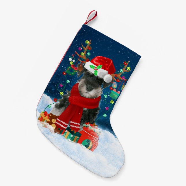 Schnauzer dog with Christmas gifts Small Christmas Stocking (Front (Hanging))