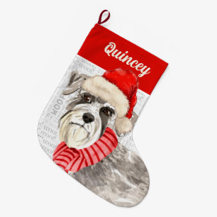 Schnauzer Dog with Name Woof Background Large Christmas Stocking