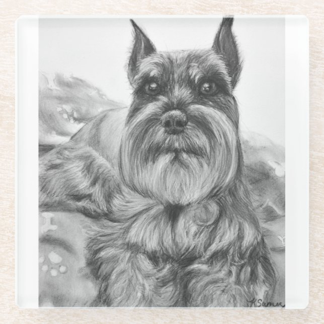 Schnauzer Drawing Glass Coaster (Front)