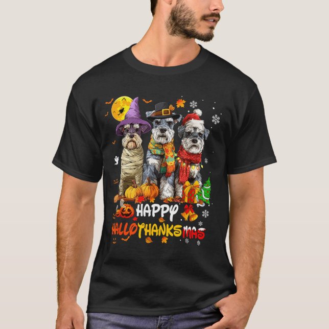 Schnauzer Happy Hallothanksmas Dog Lover Christmas T-Shirt (Front)