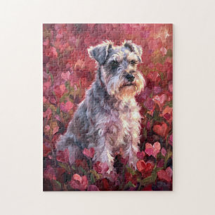 Schnauzer Heart Shaped Wildflowers Jigsaw Puzzle