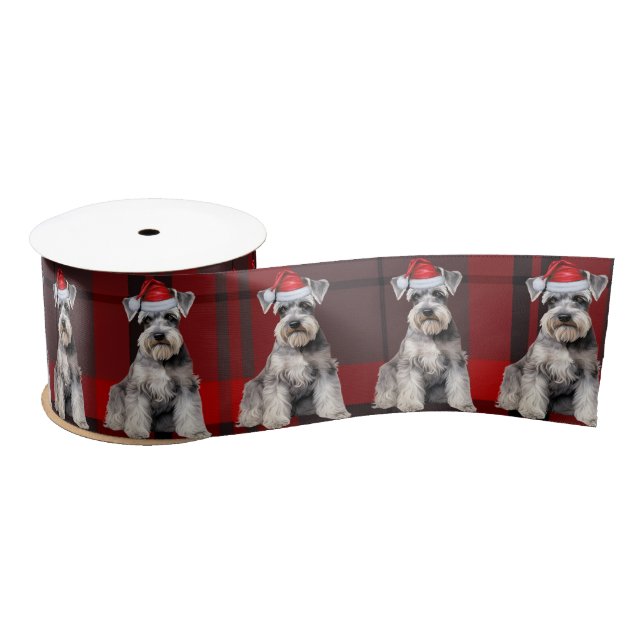 Schnauzer Holiday Red Plaid Funny Dog Christmas Satin Ribbon (Spool)