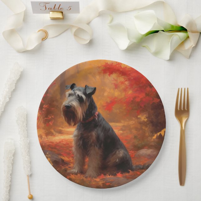 Schnauzer in Autumn Leaves Fall Inspire Paper Plate (Wedding)
