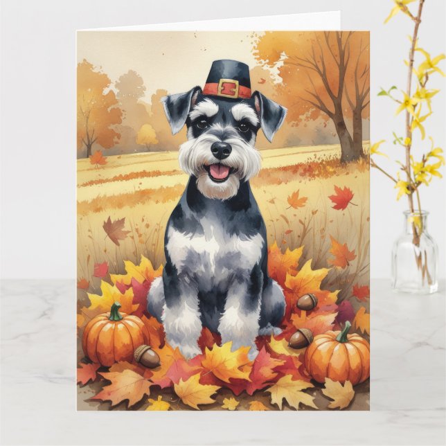 Schnauzer In Autumn Leaves Thanksgiving Art  Card (Yellow Flower)
