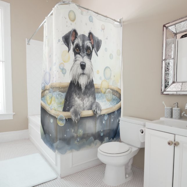 Schnauzer In Bathtub Watercolor Dog Art Shower Curtain (In Situ)