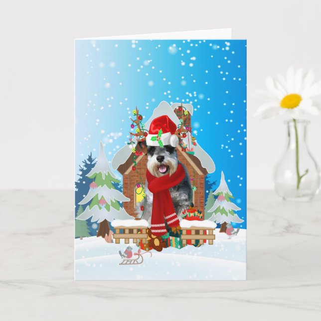  Schnauzer in snow with Christmas gifts Card (Small Plant)