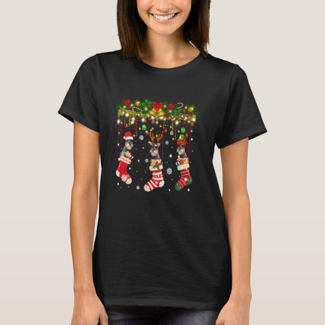 Schnauzer In Socks Christmas Santa Xmas Lights Paj T-Shirt (Front)