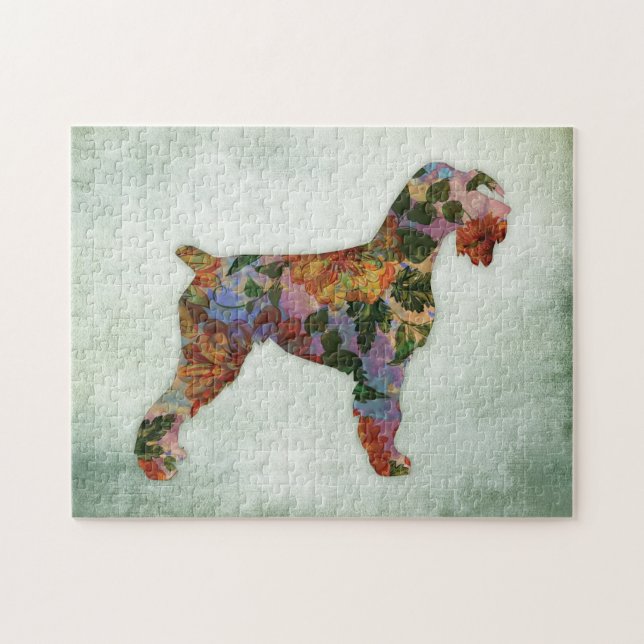 Schnauzer Jigsaw Puzzle Dog Floral On Green (Horizontal)